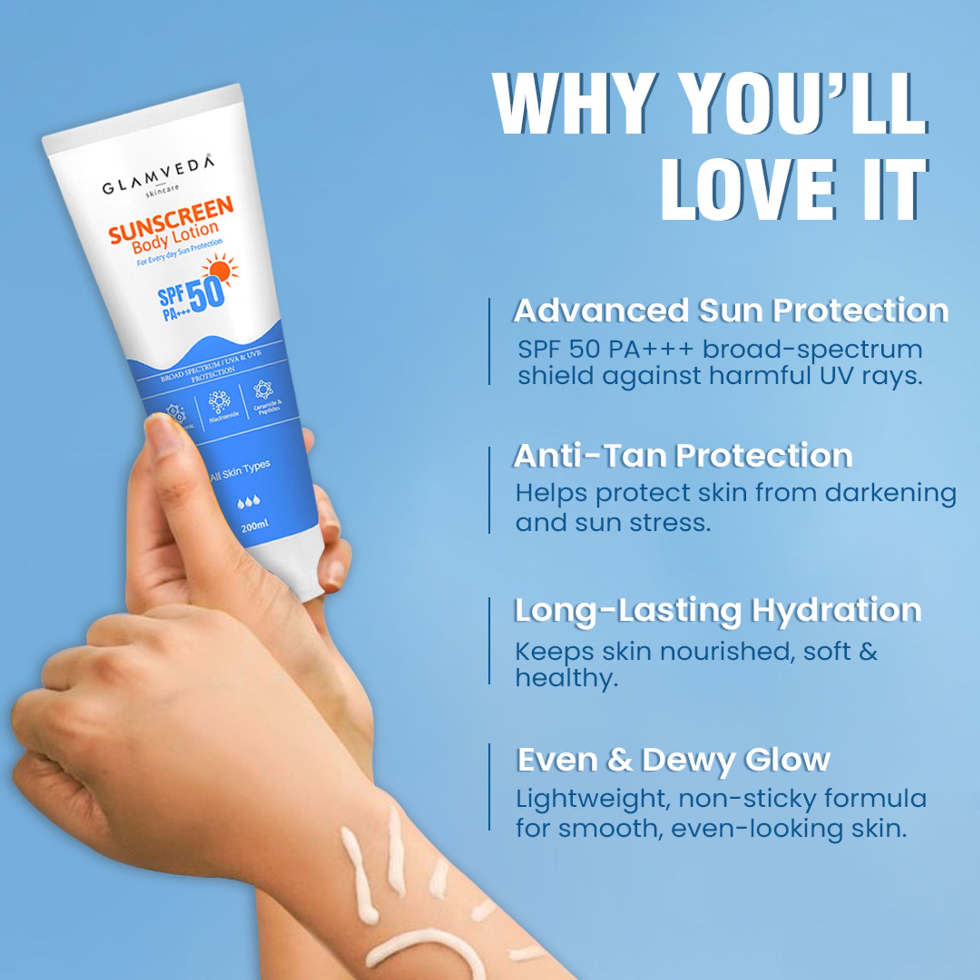 Glamveda Sunscreen SPF 50 PA+++ Body Lotion With Hyaluronic Acid & Niacinamide