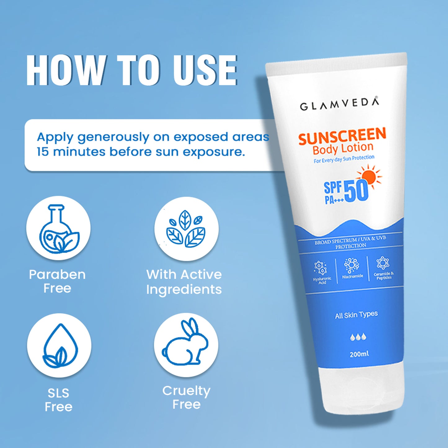Glamveda Sunscreen SPF 50 PA+++ Body Lotion With Hyaluronic Acid & Niacinamide
