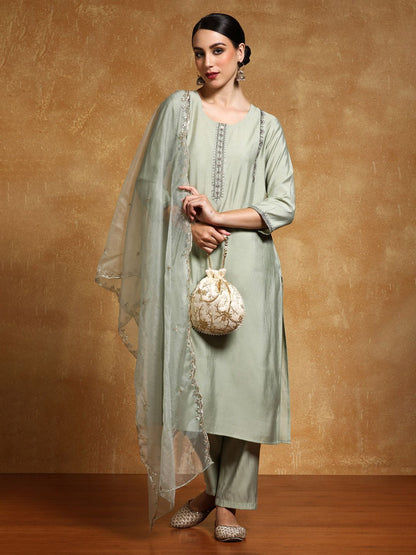Dhiyona VA Women'sFloral Yoke Design Sequinned Straight Kurta With Trousers And Dupatta