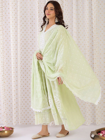 Indyancart IE Floral Embroidered Thread Work Pure Cotton Anarkali Kurta With Trousers & Dupatta
