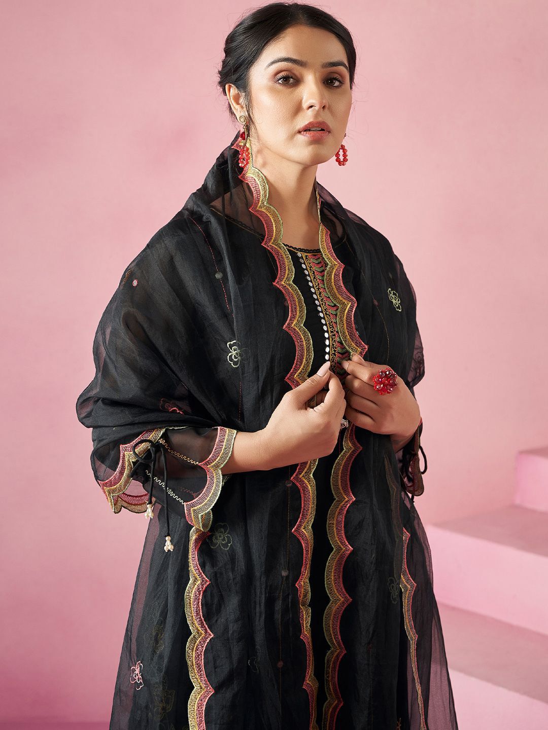 Women Floral Embroidered Regular Mirror Work Kurta with Trousers & With Dupatta