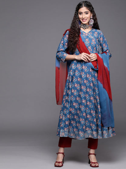 Indyancart VA Women's Blue Ethnic Motifs Printed Angrakha Gotta Patti Kurta with Trousers & With Dupatta