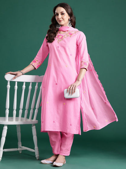 Floral Embroidered Pure Cotton Kurta with Trousers & Dupatta