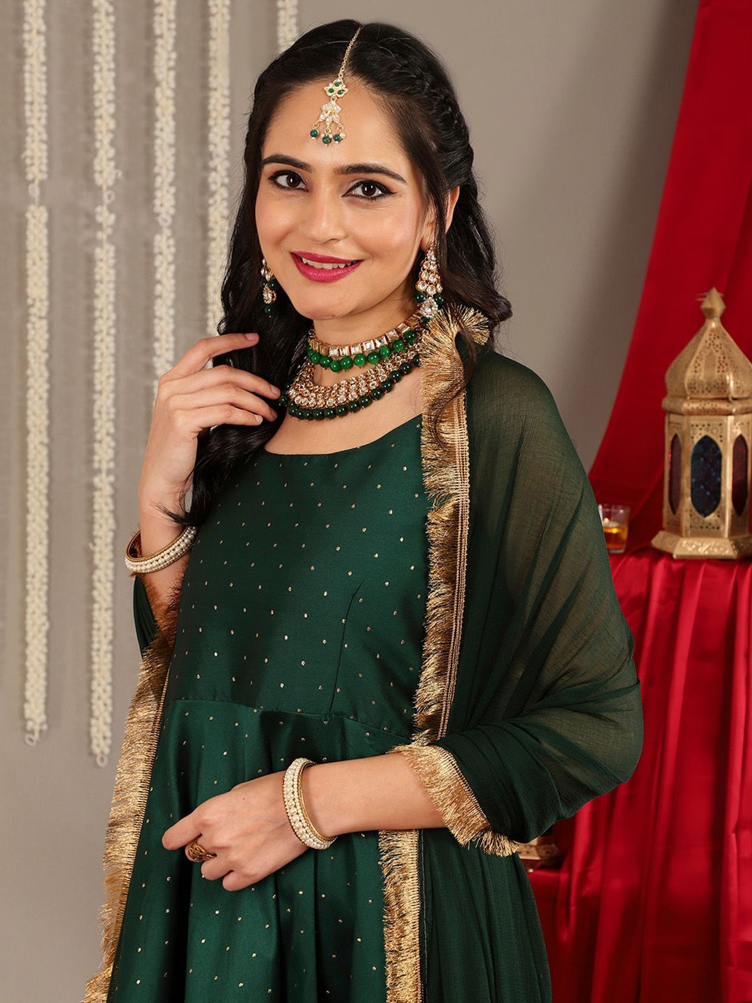 Indyancart VA Women'sWoven Design Shoulder Straps Zari Detail Anarkali Kurta & Trousers With Dupatta