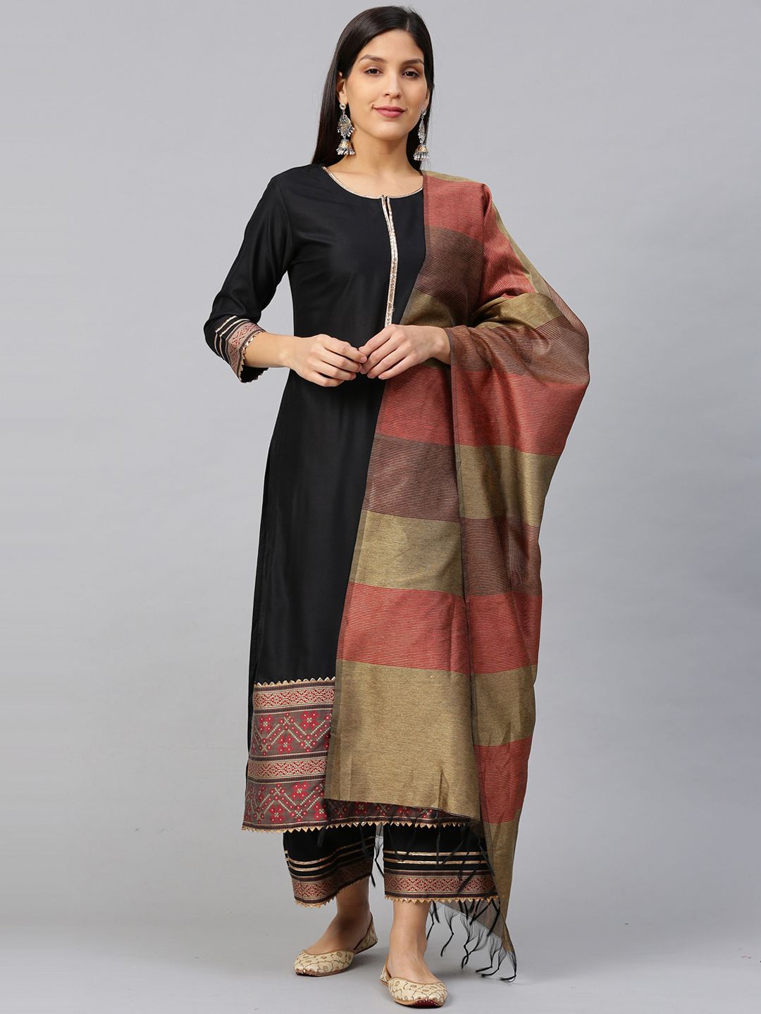 Indyancart IE Women Black Ethnic Motifs Printed Straight Kurta with Palazzos & Dupatta