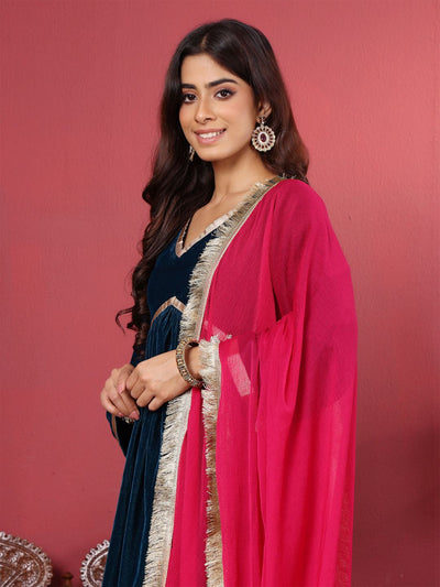 Indyancart VA Women'sNavy Blue Flared Sleeves Lace Velvet Empire Kurta with Trousers & Dupatta