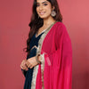 Dhiyona VA Women'sNavy Blue Flared Sleeves Lace Velvet Empire Kurta with Trousers & Dupatta