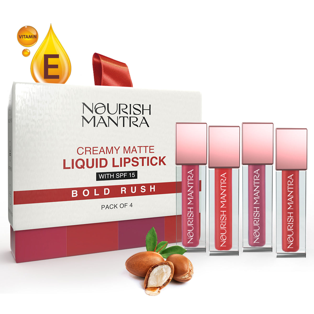 Nourish Mantra Liquid Lipstick in Muted Magic, creamy matte finish with SPF, bold rush shade, applicator visible in image.