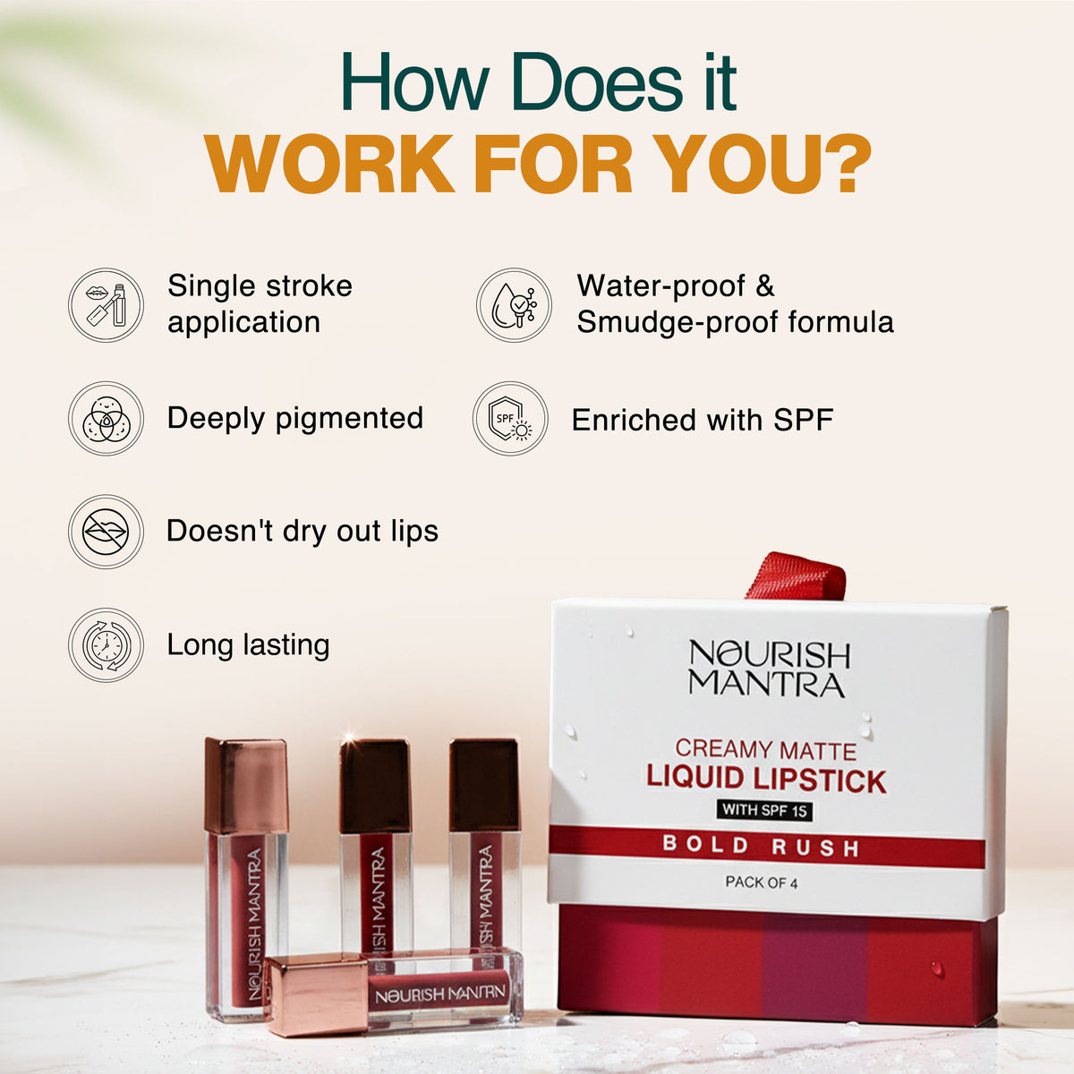 Nourish Mantra Liquid Lipstick in Bold Rush, creamy matte finish with SPF, featuring a muted, vibrant lipstick shade.