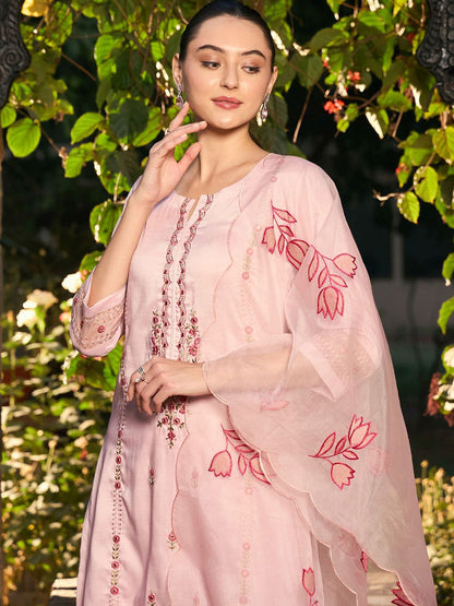 Indyancart IE Floral Embroidered Pure Cotton Straight Kurta With Trousers & Dupatta