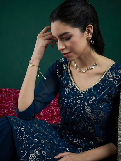 Indyancart IE Floral Embroidered Regular Sequinned Kurta With Sharara & Dupatta