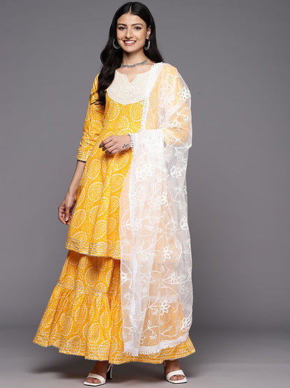 Indyancart VA Women'sBandhani Printed Gotta Patti Pure Cotton Kurta With Sharara & With Dupatta