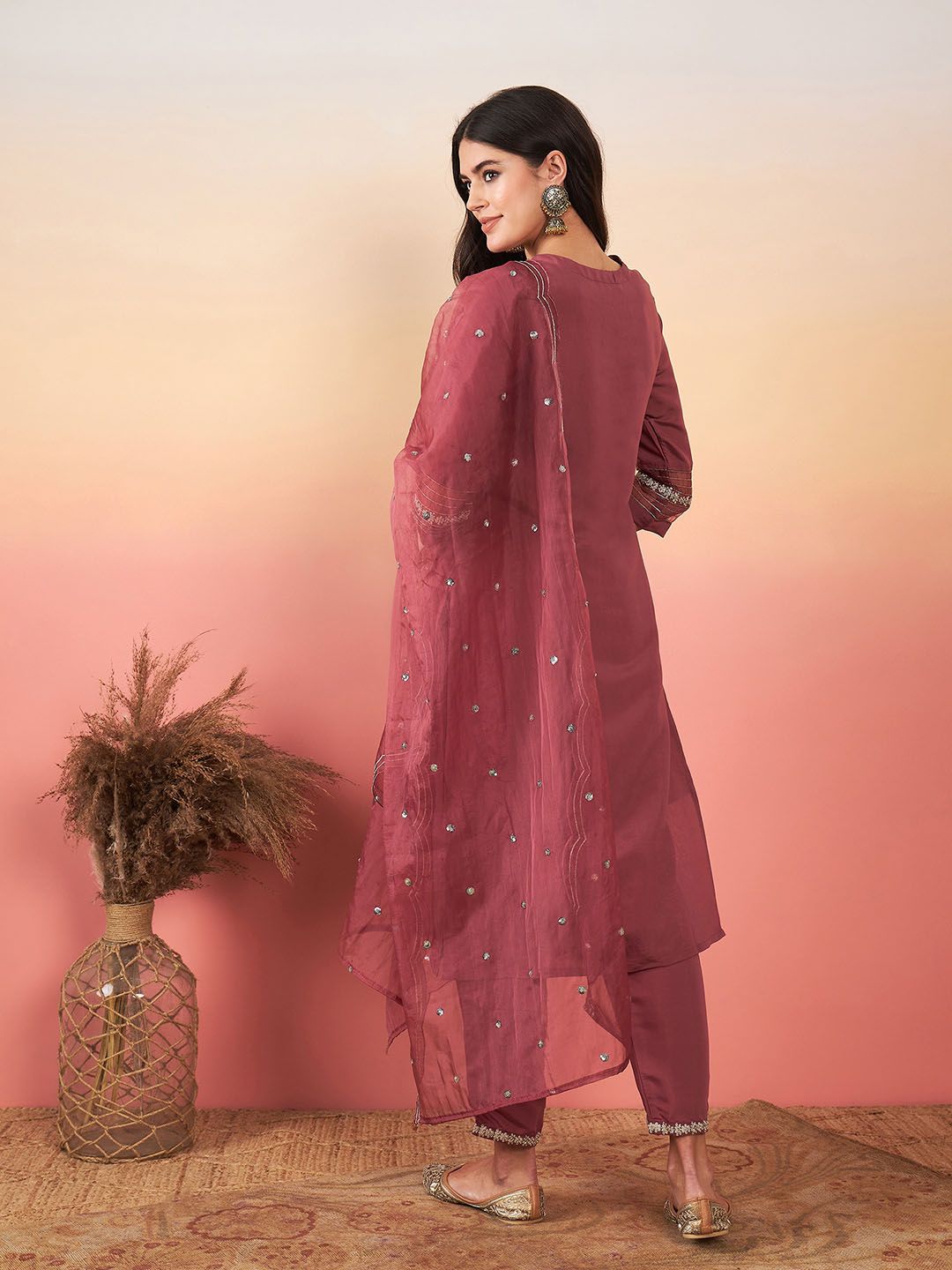 Indyancart IE Embroidered Straight Kurta With Trousers & Dupatta