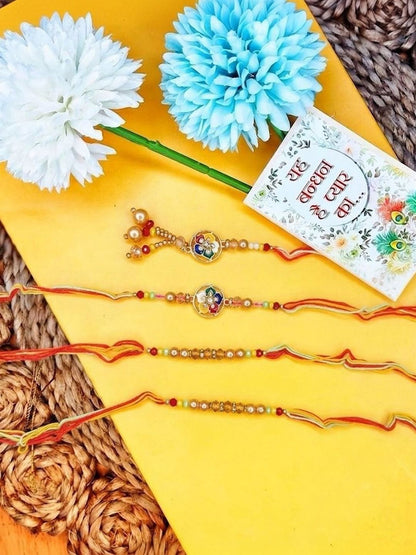 Anouk Set Of 4 Artificial Beads Family Pack Thread Rakhi With Roli Chawal Chandan Mishri