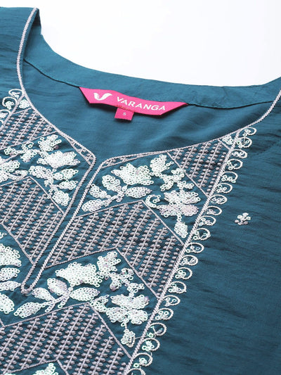 Indyancart VA Women's Teal Ethnic Motifs Embroidered Sequinned Kurta with Trousers & With Dupatta