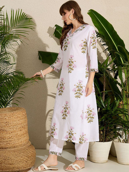 Women Floral Printed Pure Cotton A-Line Kurta with Trousers