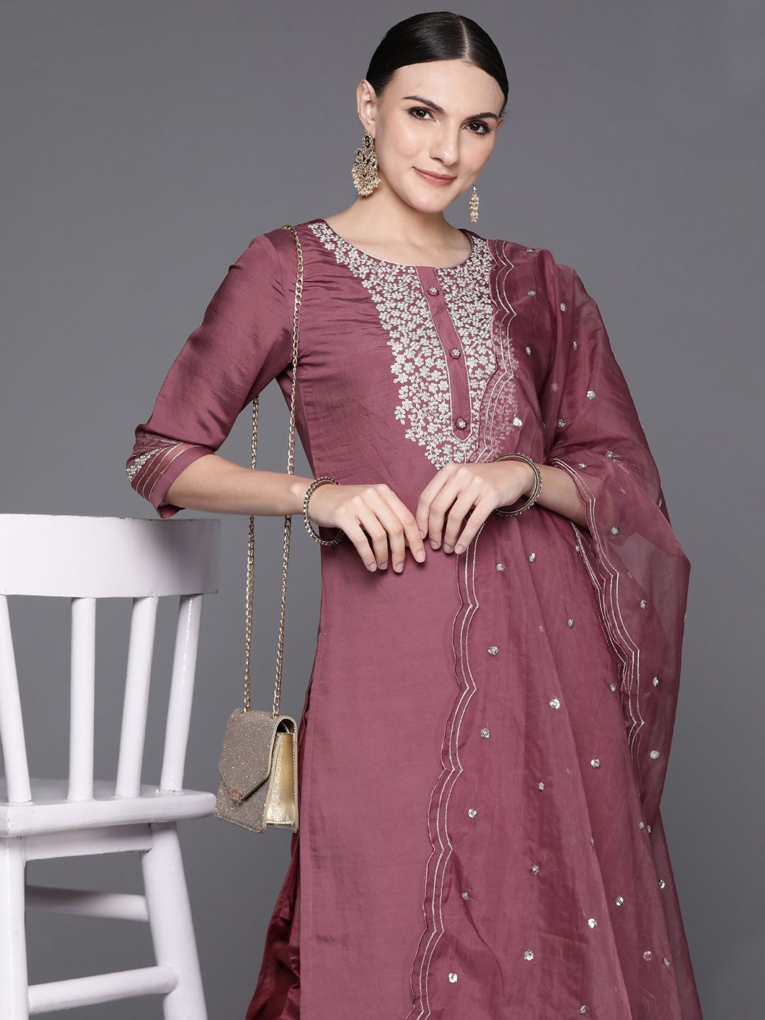 Dhiyona IE Women Floral Yoke Design Regular Kurta with Trousers & Dupatta