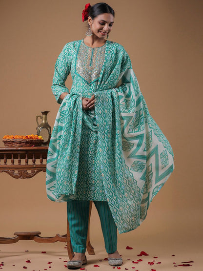 Indyancart IE Geometric Printed Sequined Pure Cotton Straight Kurta With Trouser & Dupatta