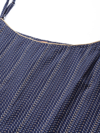 Indyancart IE Women Navy Blue Printed Pure Cotton Kurta with Sharara