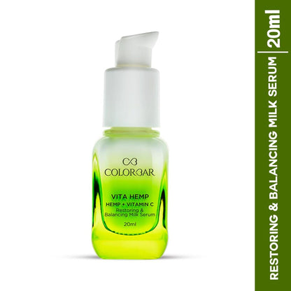 Colorbar Vita Hemp and Vitamin C restoring and balancing milk serum bottle with dropper for skincare.