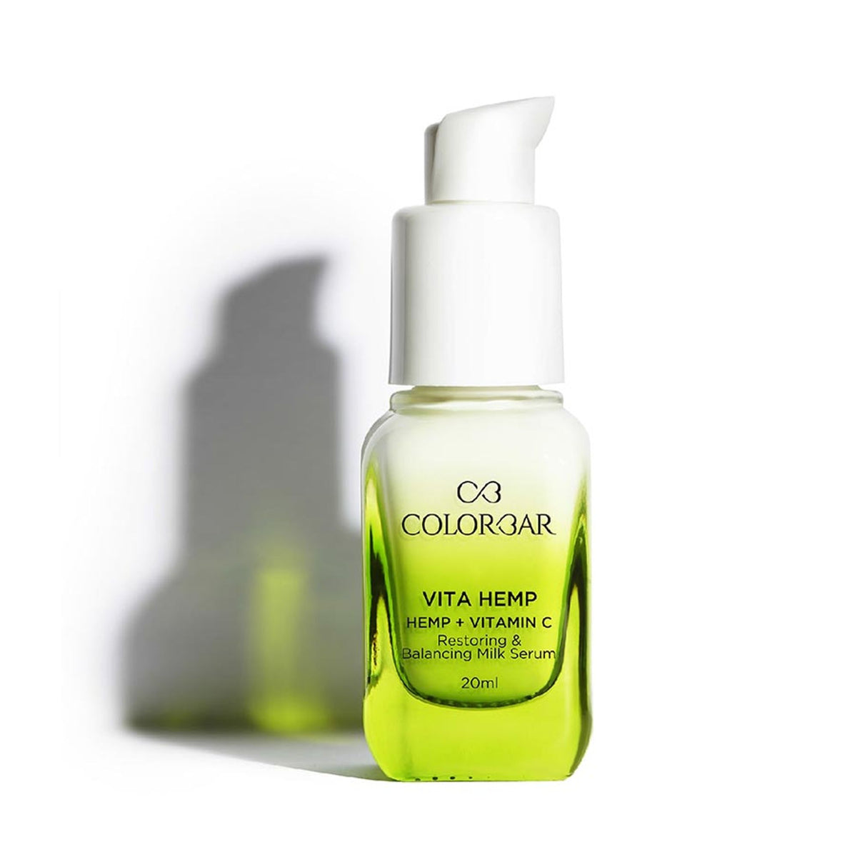 Colorbar Vita Hemp and Vitamin C restoring and balancing milk serum in a white bottle with a pump, suitable for skincare.