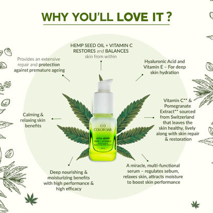 Colorbar Vita Hemp and Vitamin C Restoring Milk Serum bottle showing the product label and packaging.