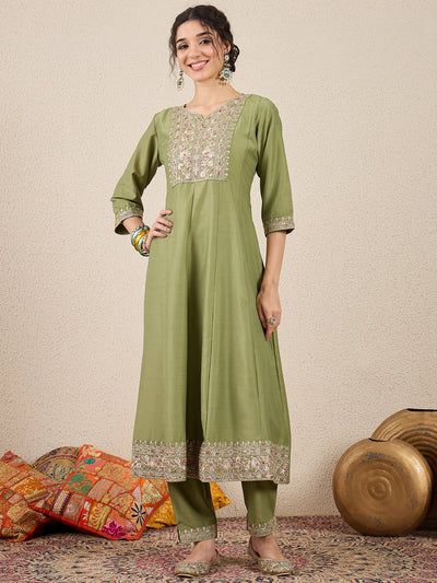 Indyancart VV Rudrani Pista Silk Blend Anarkali Kurta with Trousers & Dupatta Suits