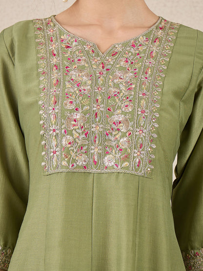 Dhiyona VV Rudrani Pista Silk Blend Anarkali Kurta with Trousers & Dupatta Suits