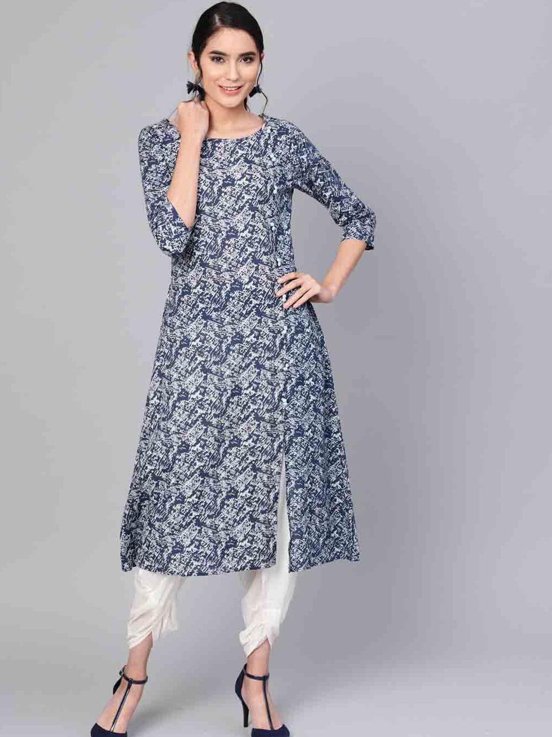 Dhiyona IE Women Blue Paisley Yoke Design Abstract Printed A-Line Kurta