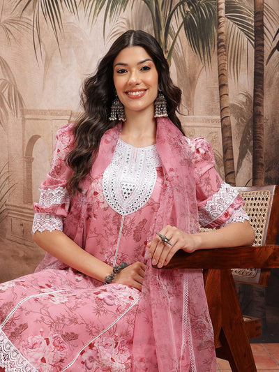 Indyancart SN Women's Floral Print Paneled Kurta with Trousers & Dupatta