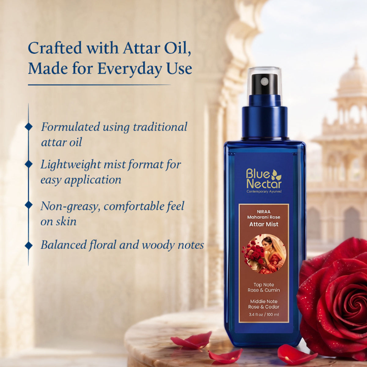 Blue Nectar Body Mist for Women and Men, Long Lasting Uplifting Body Spray with Rose and Cardamom