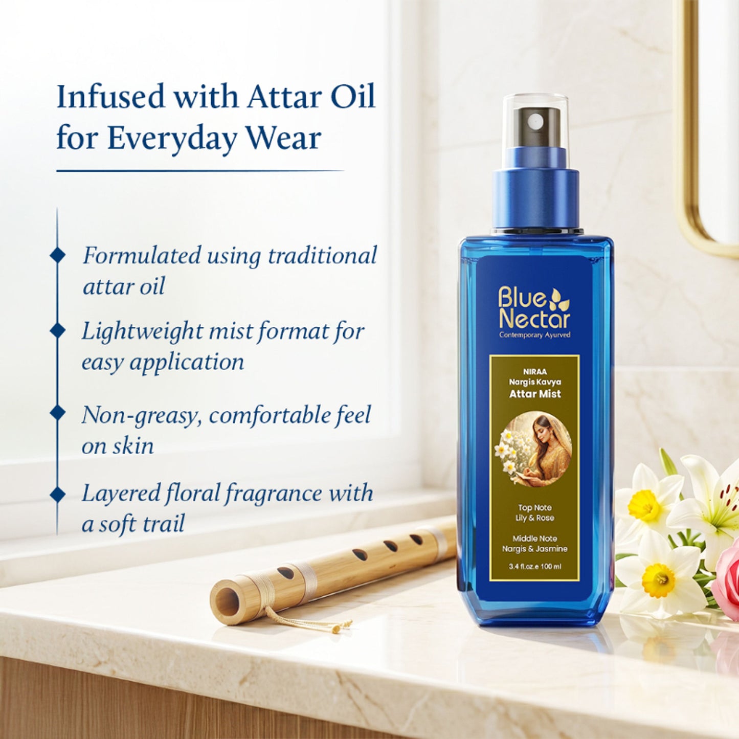 Blue Nectar Wild Nargis Body Mist with Daffodil, Long Lasting & Mood Enhancing for Women and Men