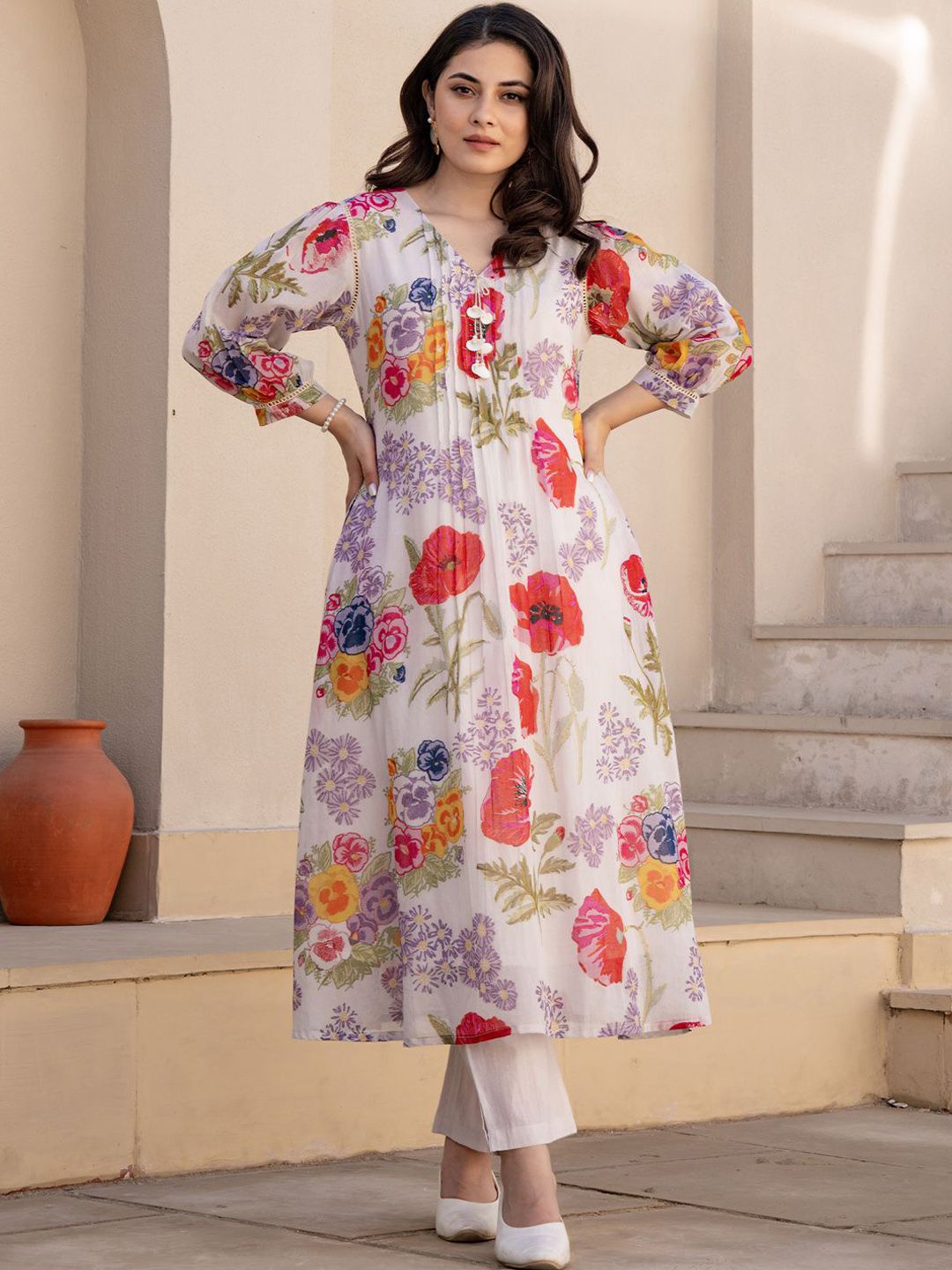 Women Floral Printed V-Neck Pure Cotton A-Line Kurta with Trouser