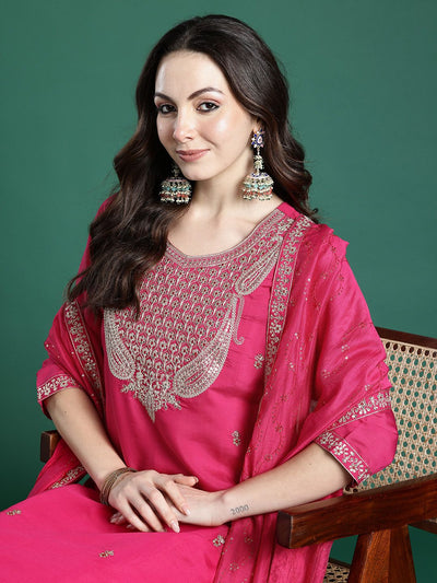 Indyancart IE Ethnic Motifs Embroidered Kurta with Trousers & Dupatta