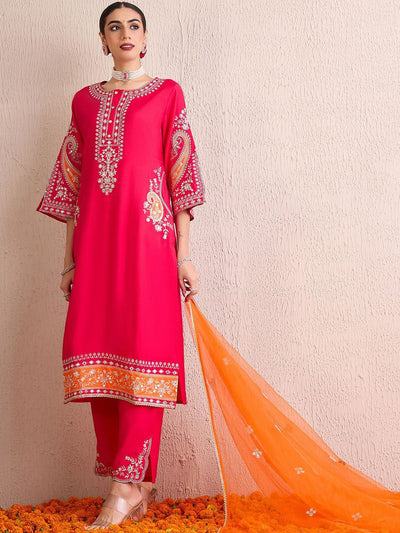 Indyancart IE Women Ethnic Motifs Embroidered Regular Kurta with Trousers & With Dupatta