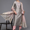 Indyancart IE Women Grey Floral Yoke Design Kurta with Trousers & Dupatta