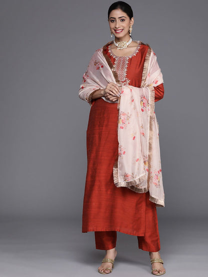 Indyancart VA Women's Rust Ethnic Motifs Embroidered Dupion Silk Kurta with Trousers & With Dupatta