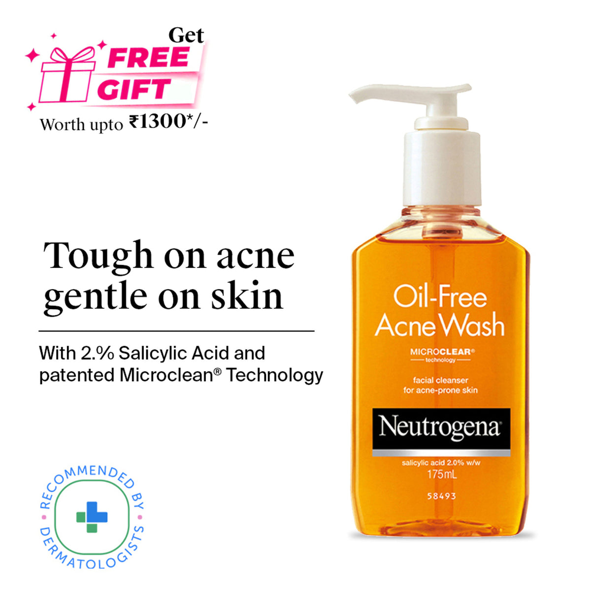 Neutrogena Oil Free Acne Cleansing Face Wash with 2% Salicylic Acid for Acne Prone & Oily Skin