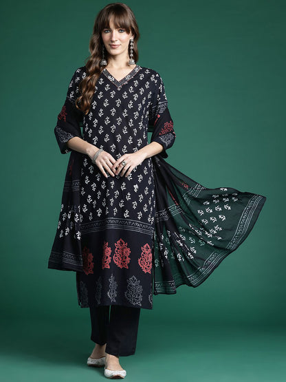Dhiyona IE Floral Printed Regular Pure Cotton Kurta with Trousers & Dupatta