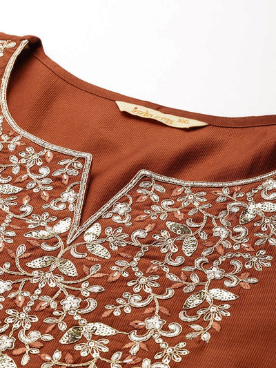 Indyancart IE Plus Size Floral Embroidered Sequinned Liva Kurta with Trousers & With Dupatta