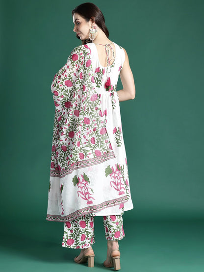 Women Floral Printed Pleated Pure Cotton Kurta with Palazzos & With Dupatta