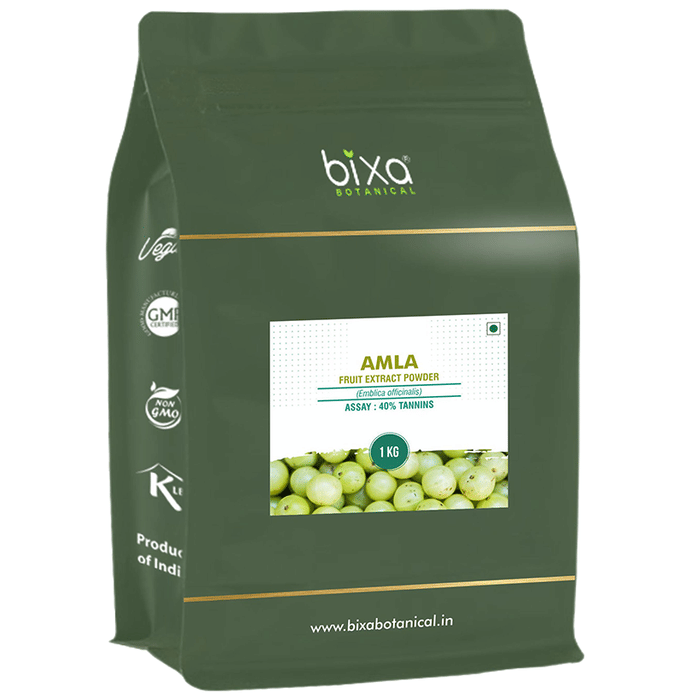 Bixa Botanical Ayurvedic Amla Fruit Extract Powder in a clear container showing fine greenish powder on a white background.
