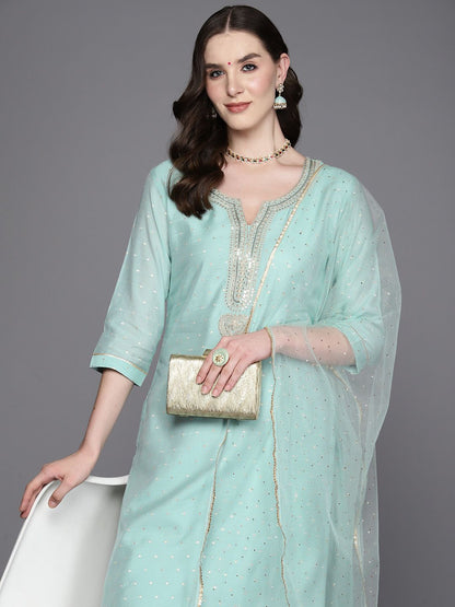 Indyancart IE Embroidered Regular Sequinned Chanderi Silk Kurta with Trousers & Dupatta