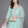 Indyancart IE Embroidered Regular Sequinned Chanderi Silk Kurta with Trousers & Dupatta
