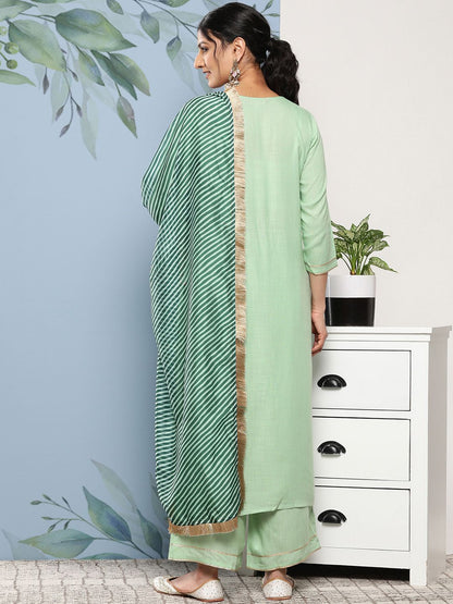 Indyancart VA Women's Green Kurta with Palazzos & With Dupatta