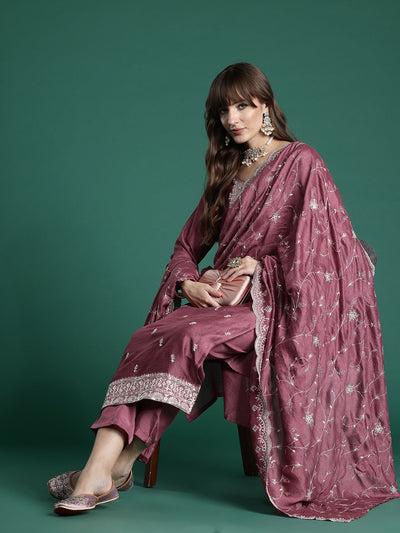 Dhiyona IE Floral Embroidered Thread Work Kurta with Trousers & With Dupatta