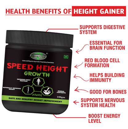 Sabates Speed Height Growth Powder health drink container with label, promoting height increase and nutrition.