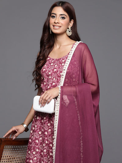 Indyancart VA Women'sFloral Printed Pure Cotton Anarkali Kurta with Trousers & Dupatta