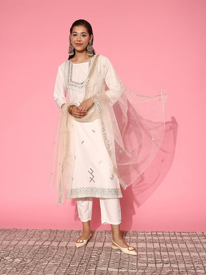 Indyancart IE Women Embroidered Regular Mirror Work Kurta with Trousers & With Dupatta