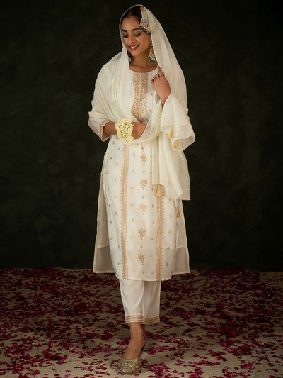 Indyancart IE Women Ethnic Motifs Embroidered Regular Sequinned Kurta with Trousers & With Dupatta